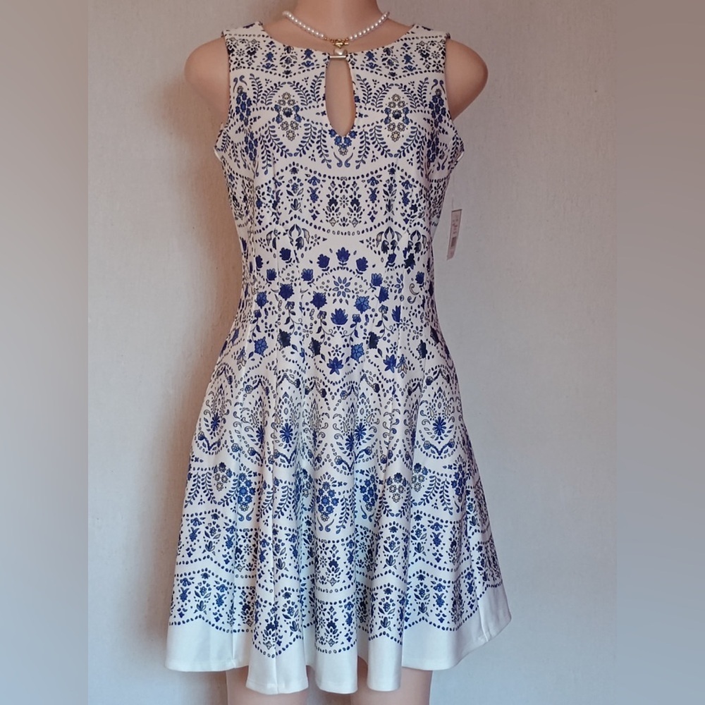 Danny & Nicole White Dress with Blue Floral Print